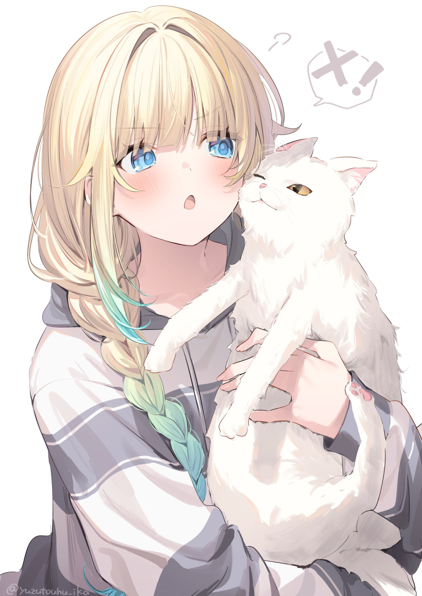 1girl, absurdres, aizawa_ema, aizawa_ema_(4th_costume), angry, animal, blonde_hair, blue_eyes, blush, braid, cat, drawstring, gradient_hair, hair_flaps, hair_intakes, highres, holding, holding_animal, holding_cat, hood, hoodie, multicolored_hair, sideways_glance, simple_background, striped_clothes, striped_hoodie, upper_body, v-shaped_eyebrows, virtual_youtuber, vspo!, white_background, yuzutouhu_ika