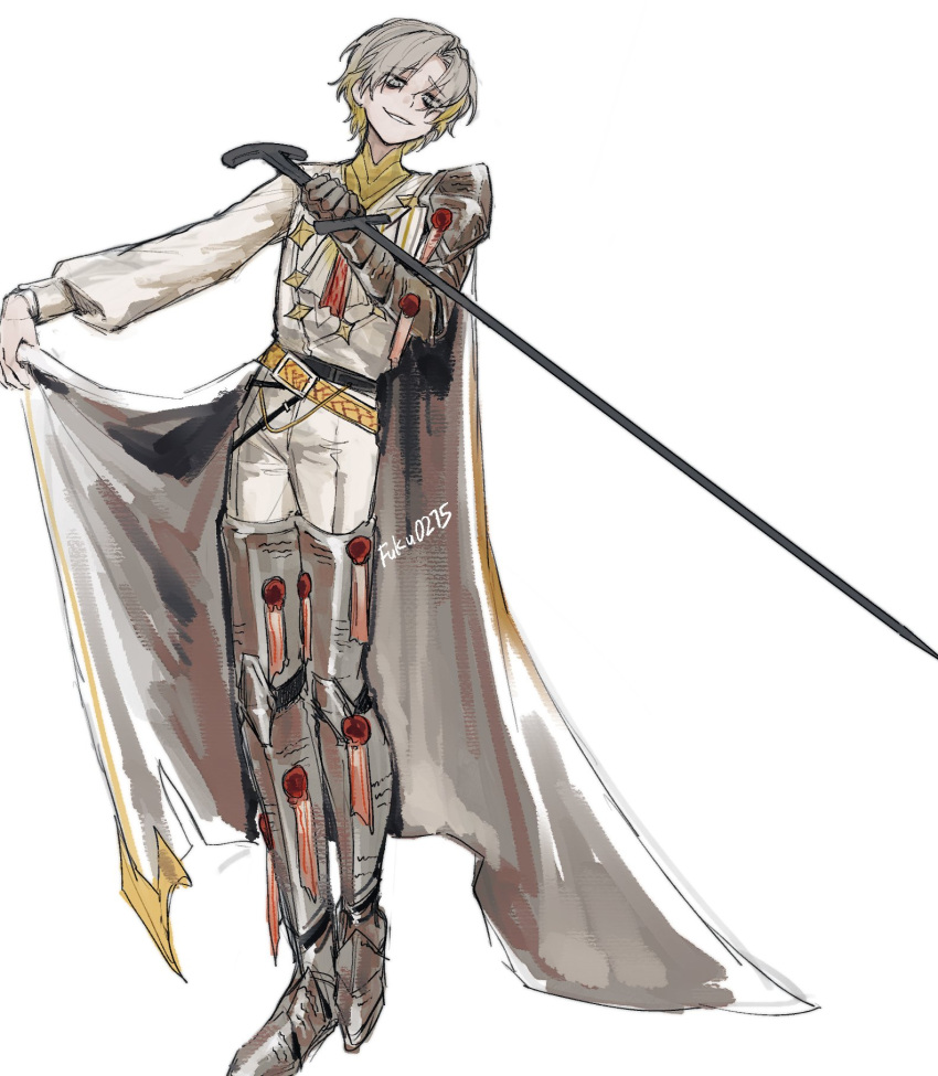 1boy, armored_boots, ascot, belt, blonde_hair, boots, cape, fuku0275