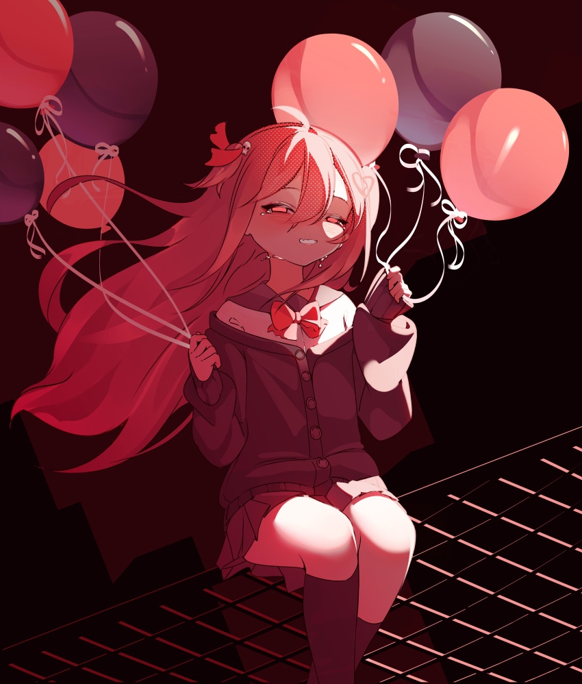 1girl, absurdres, ahoge, balloon, black_cardigan, black_sailor_collar, black_skirt, black_socks