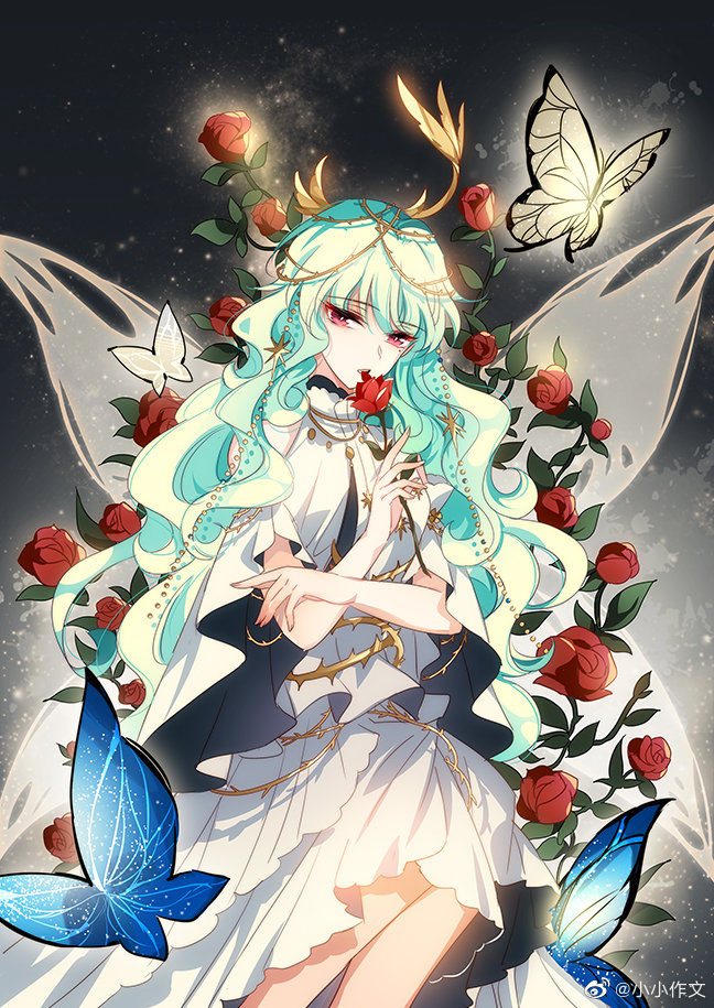 1girl, aqua_hair, bare_shoulders, black_background, blue_butterfly, bug, butterfly, chuanyue_xiyuan_3000_hou