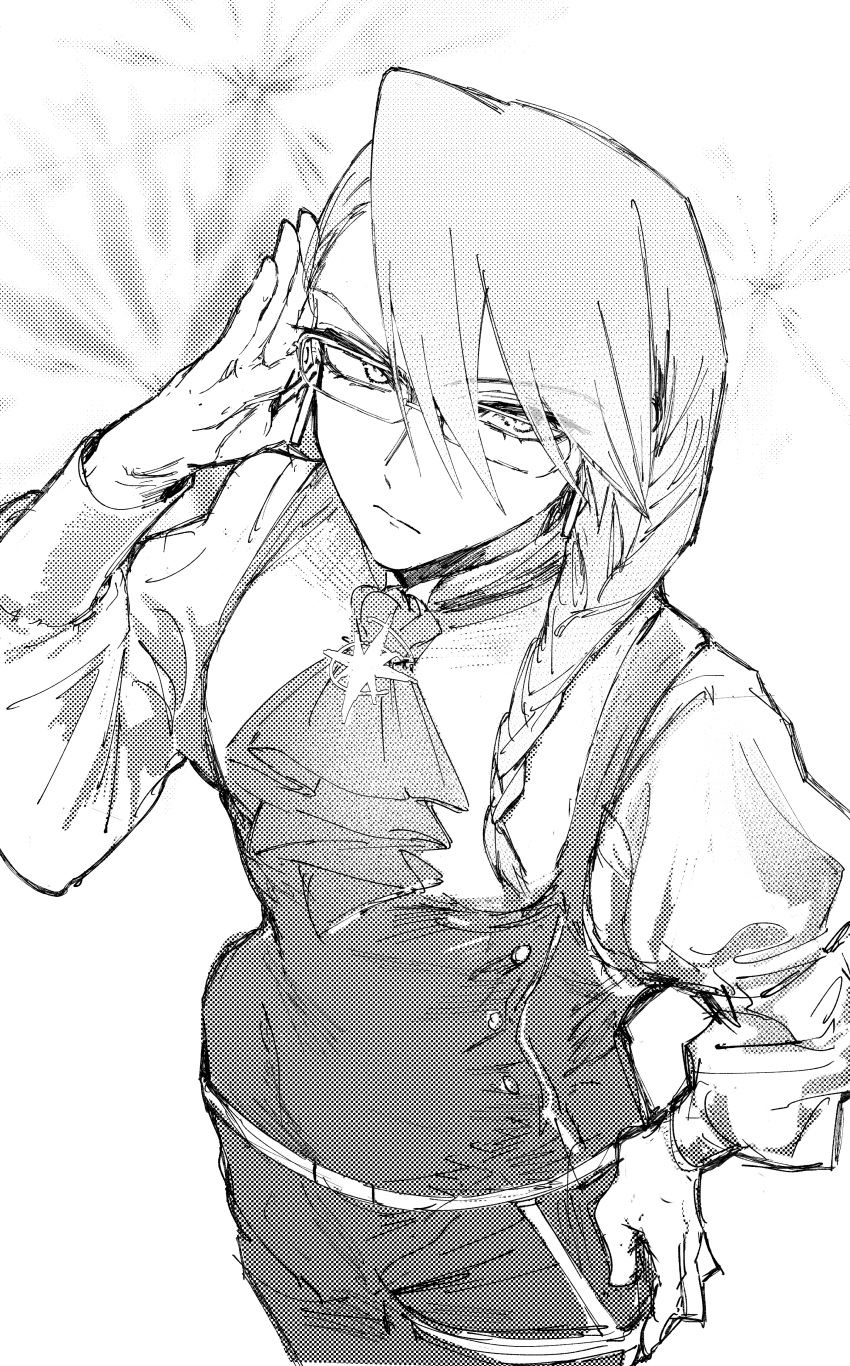 1girl, absurdres, adjusting_eyewear, ascot, braid, chikutoge_togeice, closed_mouth, commentary_request, frown, glasses, greyscale, hair_over_shoulder, hand_on_own_hip, highres, looking_at_viewer, looking_up, madan_no_ichi, medium_hair, monochrome, shirumeika, simple_background, single_braid, solo, suit, witch