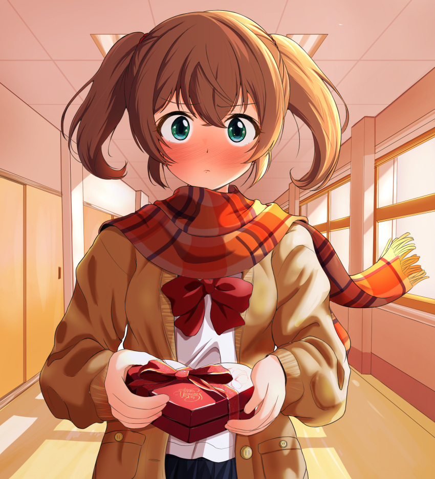 1girl, blush, bow, bowtie, box, box_of_chocolates, brown_cardigan, brown_hair