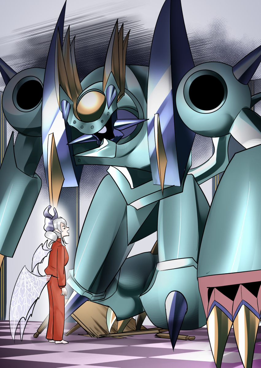 1girl, absurdres, barefoot, broken_table, checkered_floor, demon_girl, demon_horns, demon_wings