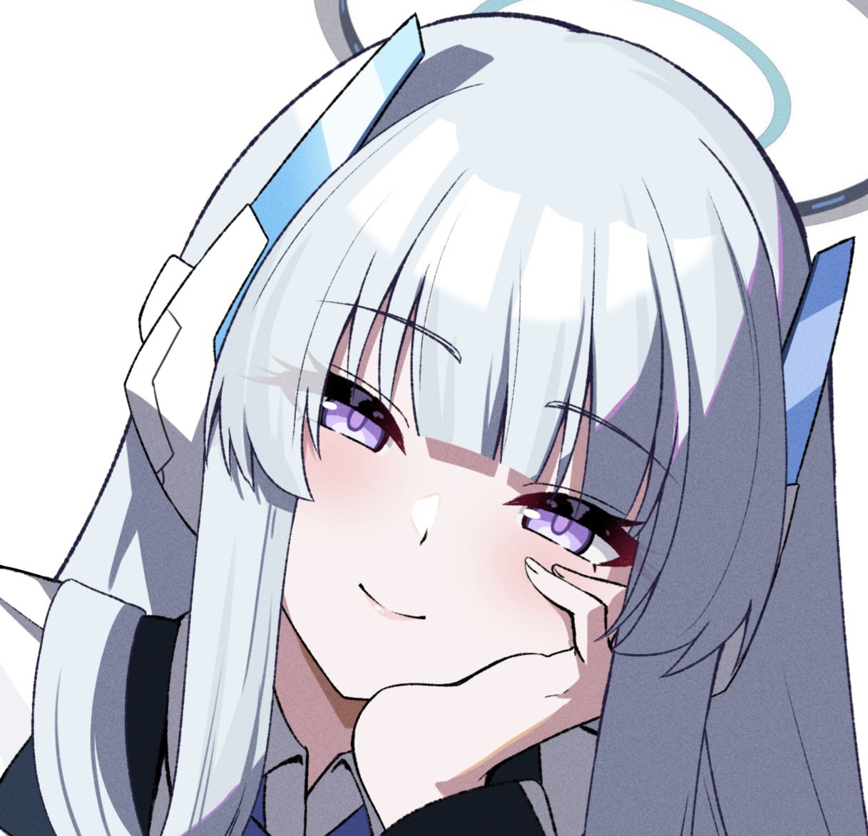 1girl, blue_archive, blush, grey_hair, hair_between_eyes, halo, hand_on_own_face, headgear