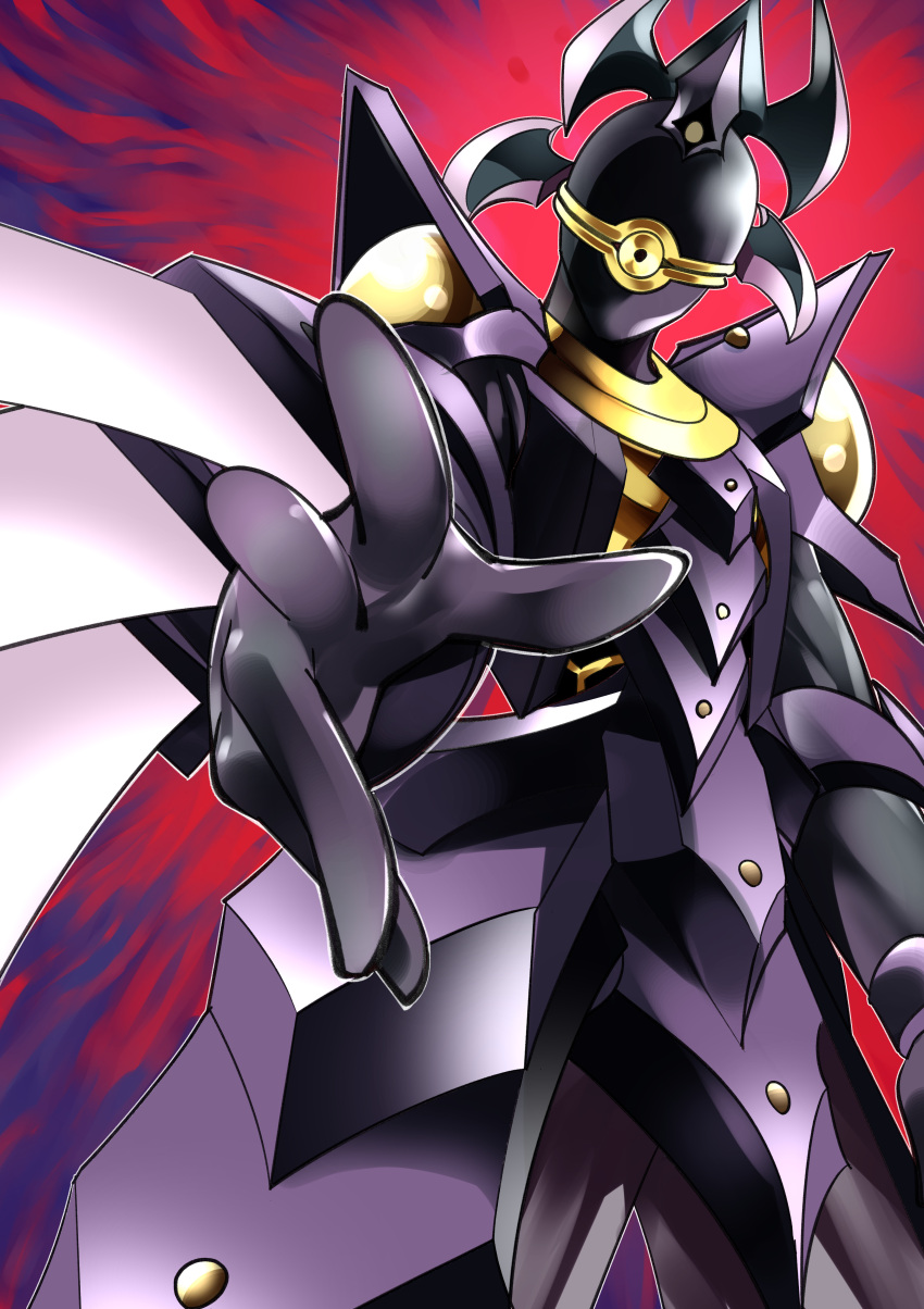 1boy, absurdres, arm_blade, armor, duel_monster, eye_of_horus, full_armor, highres, looking_at_viewer, makyura_the_destructor, male_focus, one-eyed, purple_armor, reaching, reaching_towards_viewer, red_background, sawan_cutman, solo, weapon, yu-gi-oh!