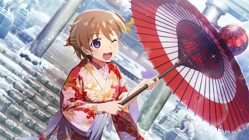 1girl, :d, akasaka_miyuki, brown_hair, cowboy_shot, floral_print, floral_print_kimono, game_cg