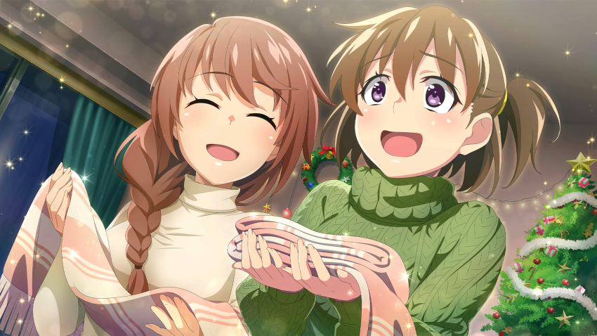 2girls, :d, ^_^, akasaka_miyuki, akasaka_yukie, braid, brown_hair, christmas