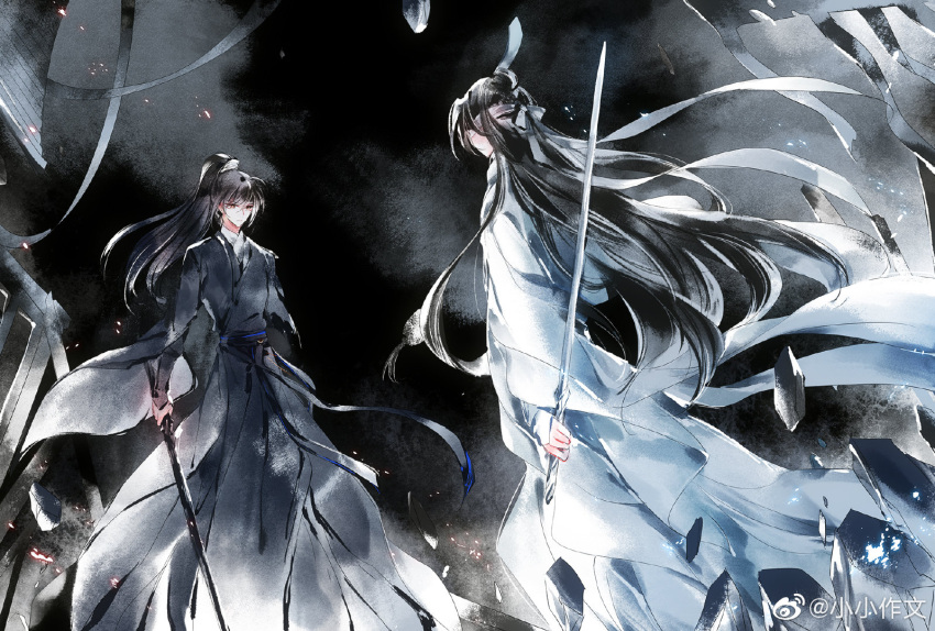 2boys, arms_at_sides, black_hair, black_hanfu, black_robe, blindfold, blue_sash, brown_eyes, chinese_clothes, chinese_commentary, facing_away, feet_out_of_frame, hair_between_eyes, hanfu, high_ponytail, holding, holding_sword, holding_weapon, jian_(weapon), light_particles, long_hair, long_sleeves, looking_at_another, male_focus, modao_zushi, multiple_boys, ponytail, reverse_grip, robe, sash, shards, standing, sword, topknot, watermark, weapon, weibo_watermark, white_blindfold, white_hanfu, white_robe, wide_sleeves, xiao_guan_(headdress), xiao_xiao_zuowen, xiao_xingchen, xue_yang