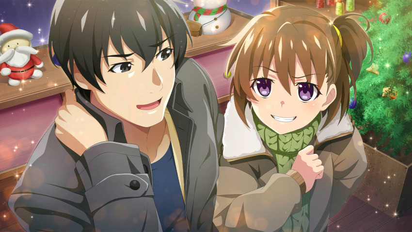 1boy, 1girl, akasaka_mamoru, akasaka_miyuki, black_eyes, black_hair, blue_shirt, brown_coat, brown_hair, christmas, christmas_tree, coat, elbowing, eye_contact, father_and_daughter, from_above, game_cg, green_sweater, grin, hand_on_own_hip, hand_on_own_neck, highres, higurashi_no_naku_koro_ni, higurashi_no_naku_koro_ni_mei, indoors, lens_flare, long_sleeves, looking_at_another, non-web_source, official_art, one_side_up, open_mouth, shirt, short_hair, smile, snowman, sparkle, sweater, teeth, three_quarter_view, turtleneck, turtleneck_sweater, upper_body, violet_eyes, winter_clothes, wooden_floor