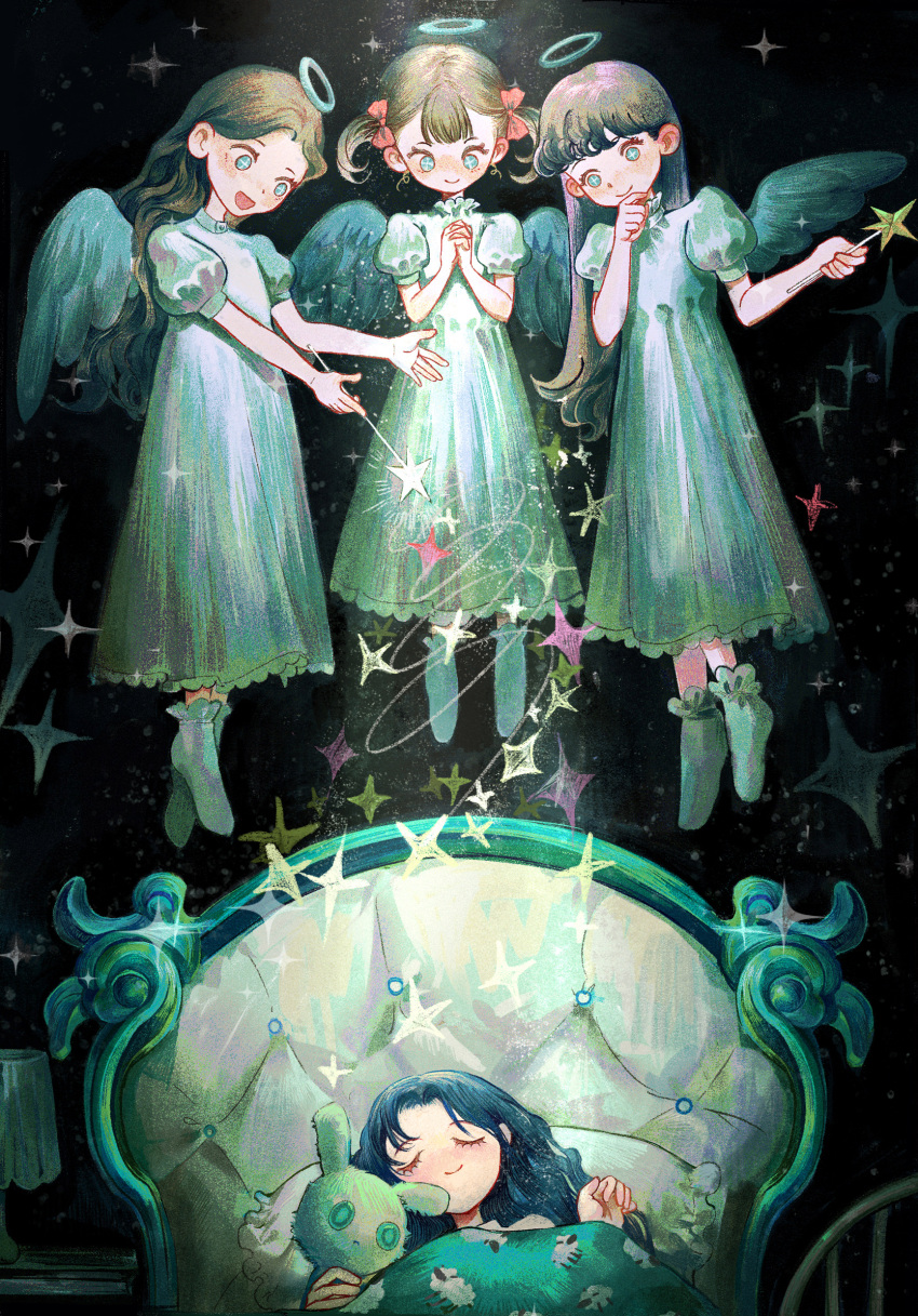 4girls, 5+0, angel, angel_wings, black_background, blue_eyes, blue_hair, blush, brown_hair, child, commentary, desk_lamp, dress, eyelashes, fairy, flying, frilled_socks, frills, halo, highres, lamp, long_hair, magic, multiple_girls, night, original, own_hands_together, short_sleeves, short_twintails, sleeping, smile, socks, sparkle, spotlight, star_(symbol), stuffed_animal, stuffed_toy, twintails, wand, white_dress, wings