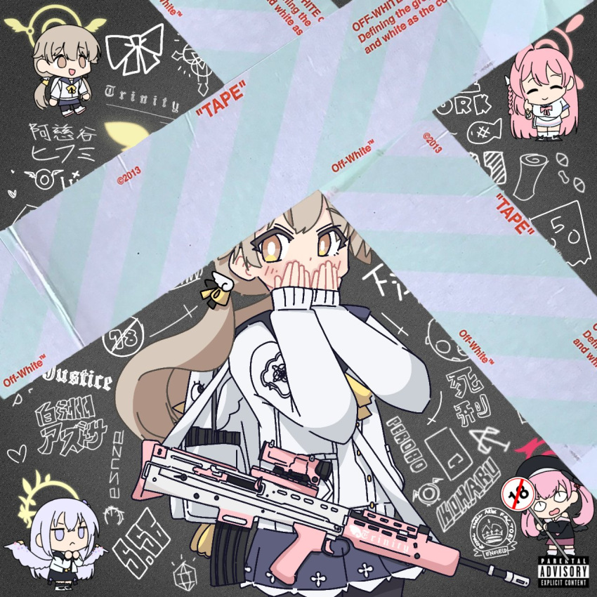 album_cover_redraw, assault_rifle, azusa_(blue_archive), blue_archive, derivative_work, drrnvevo, duct_tape, faust_(blue_archive)