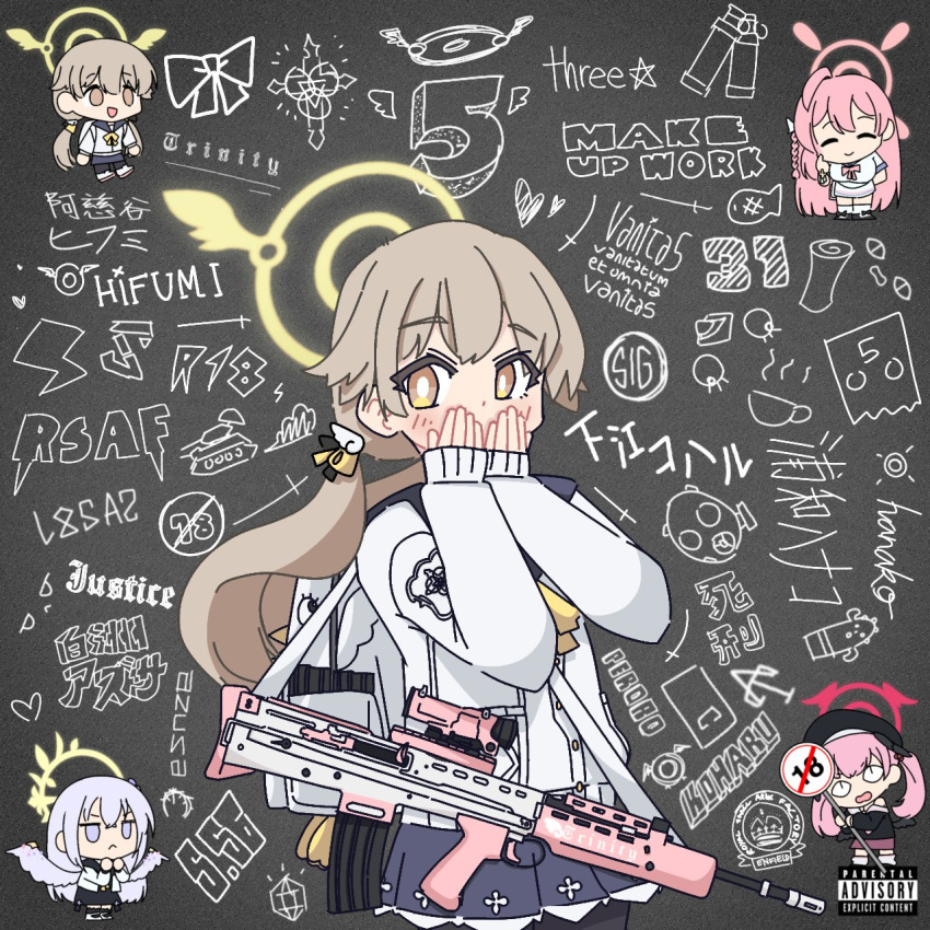 album_cover_redraw, assault_rifle, azusa_(blue_archive), blue_archive, derivative_work, drrnvevo, faust_(blue_archive), graffiti