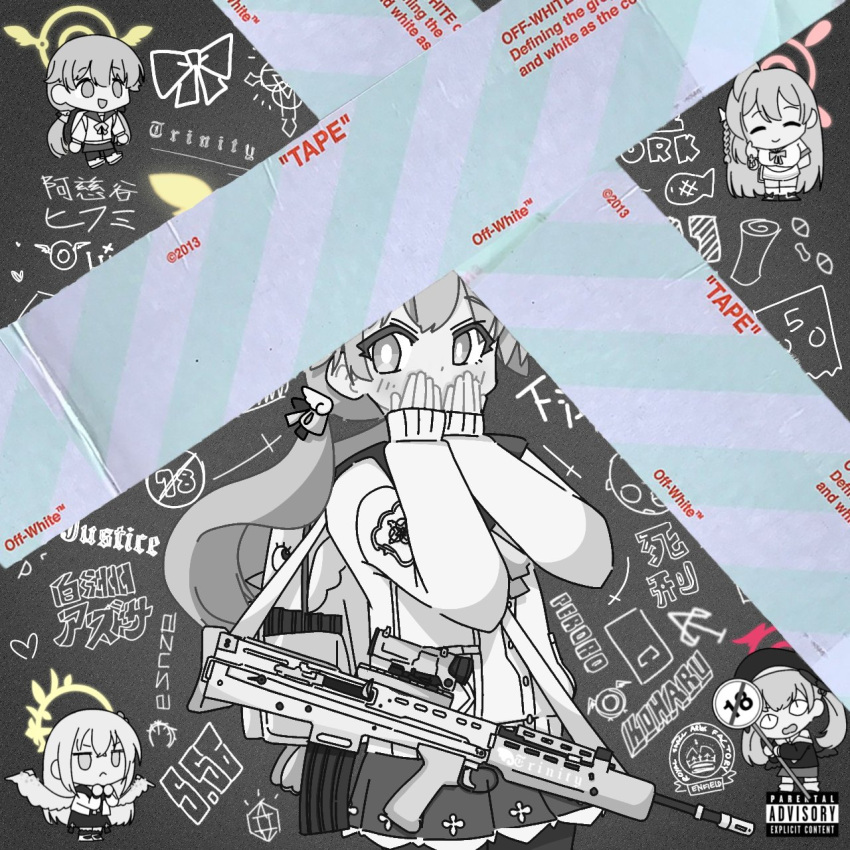album_cover_redraw, assault_rifle, azusa_(blue_archive), blue_archive, derivative_work, drrnvevo, duct_tape, faust_(blue_archive)