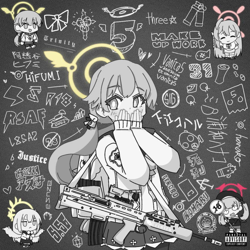 album_cover_redraw, assault_rifle, azusa_(blue_archive), blue_archive, derivative_work, drrnvevo, faust_(blue_archive), graffiti, greyscale, gun, hanako_(blue_archive), hifumi_(blue_archive), highres, koharu_(blue_archive), lil_uzi_vert, luv_is_rage_2_(lil_uzi_vert), make-up_work_club_(blue_archive), monochrome, parental_advisory, pyroxene_(blue_archive), rifle, tagme, trinity_general_school_logo, weapon