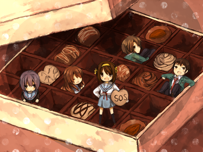 asahina_mikuru, box, brown_eyes, brown_hair, chocolate, koizumi_itsuki, kyon, long_hair