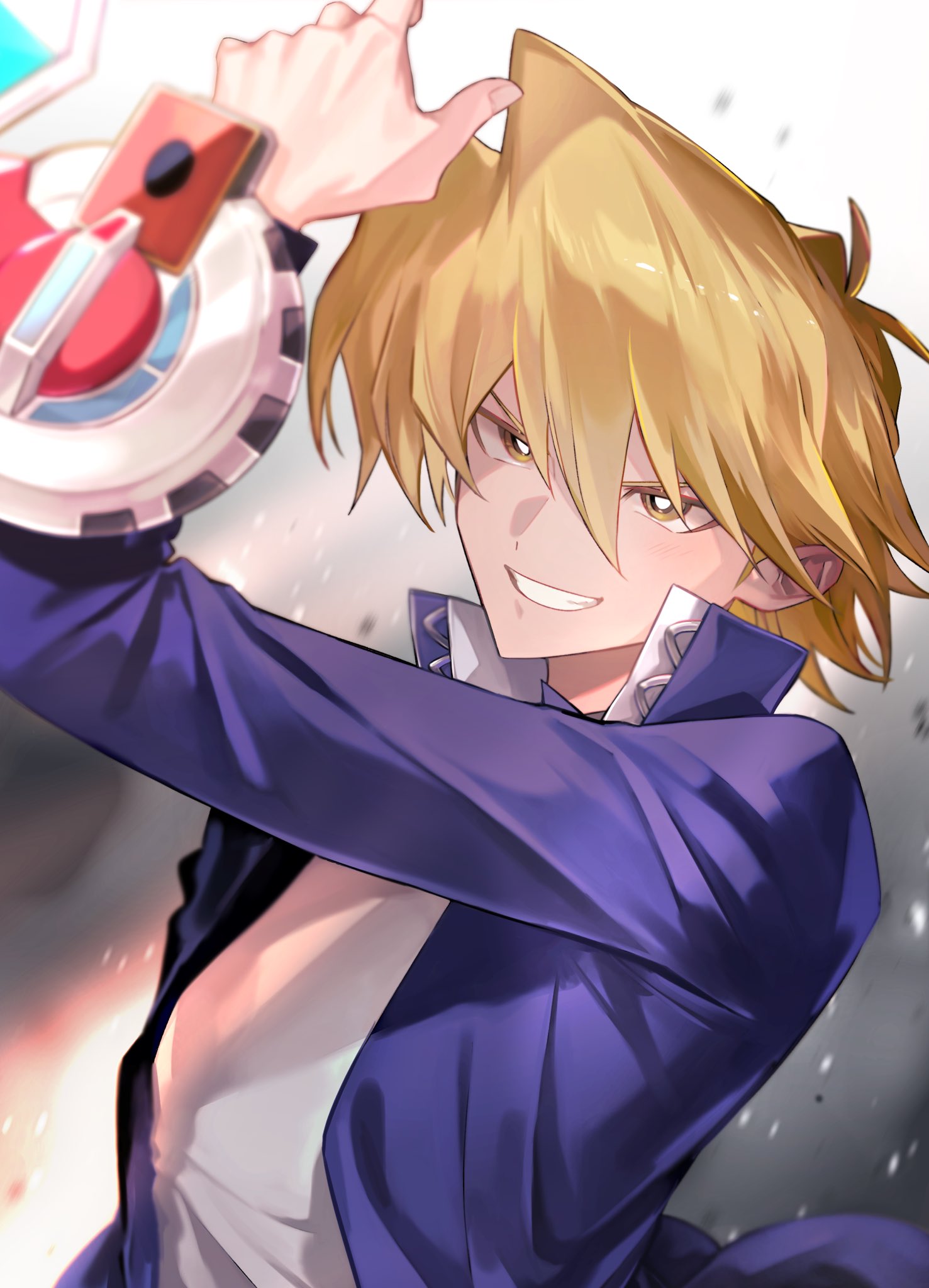 1boy, blonde_hair, blue_jacket, deck_of_cards, duel_disk, grey_background, highres, jacket