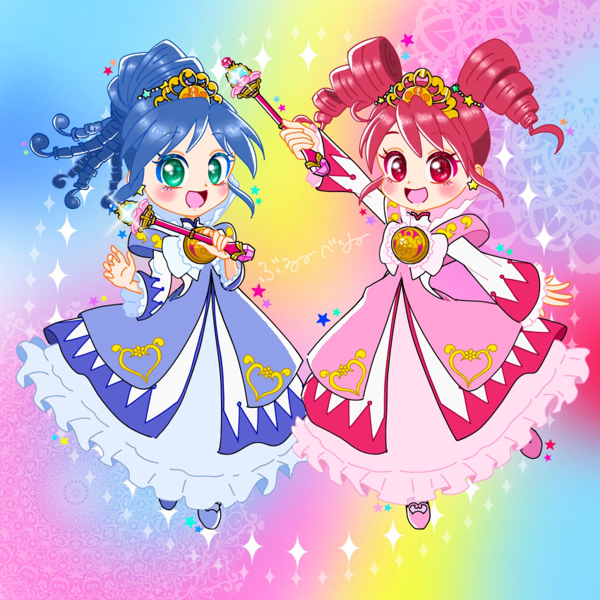 2girls, :d, arm_up, artist_name, blue_dress, blue_hair, blue_shoes, blueberry_24k