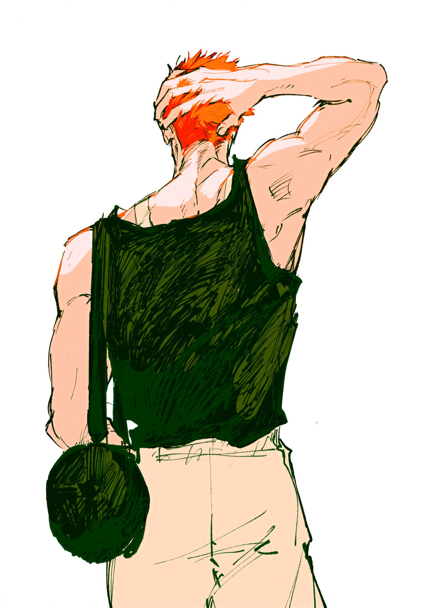 1boy, absurdres, arm_behind_head, arm_up, bag, bare_shoulders, black_bag, black_tank_top