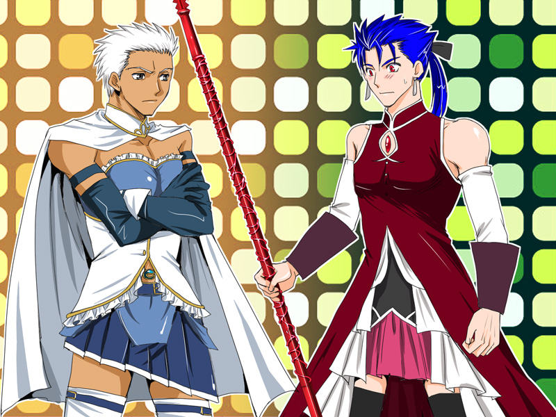 archer, blue_hair, crossdressinging, fate/stay_night, fate_(series), lancer, mahou_shoujo_madoka_magica, miki_sayaka