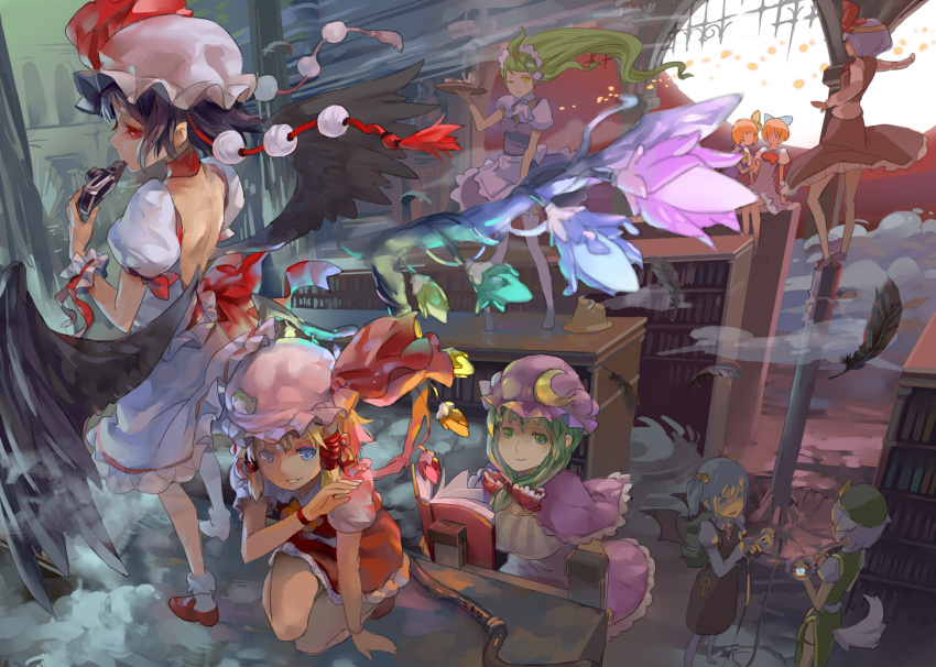 aki_minoriko, aki_shizuha, alternate_wings, blonde_hair, blue_hair, book, camera, cirno