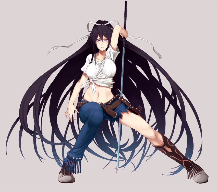 absurdly_long_hair, asymmetrical_clothing, hair_ribbon, highres, kanzaki_kaori, long_hair, midriff, navel