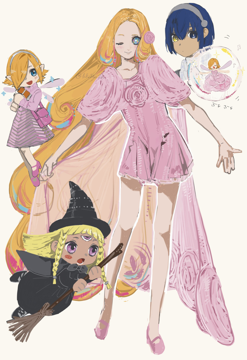 3girls, absurdres, alternate_costume, black_cape, black_dress, black_hat, blue_eyes, blue_hair