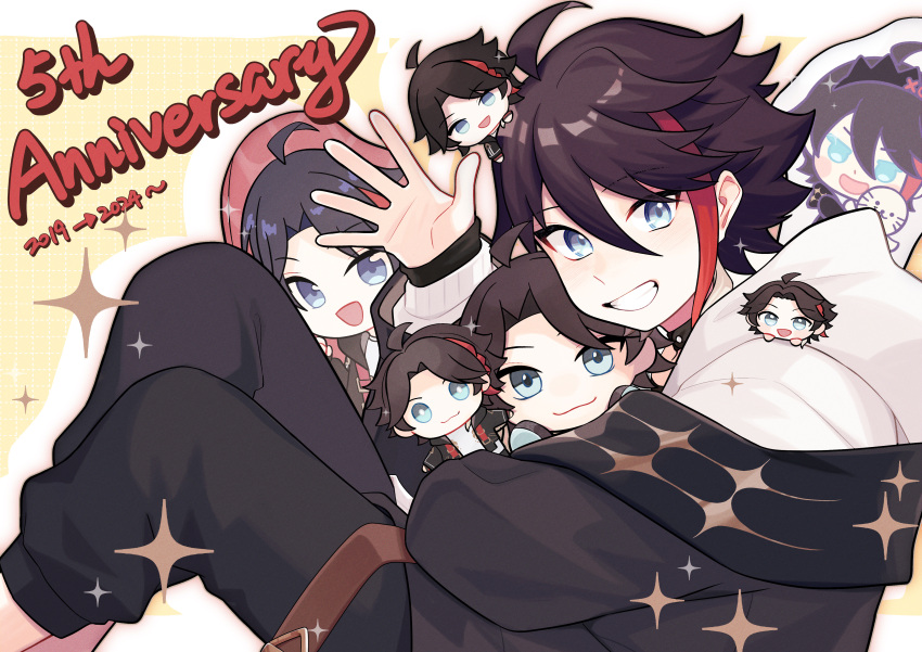 1boy, absurdres, ahoge, anniversary, black_hair, blue_eyes, character_doll, chibi