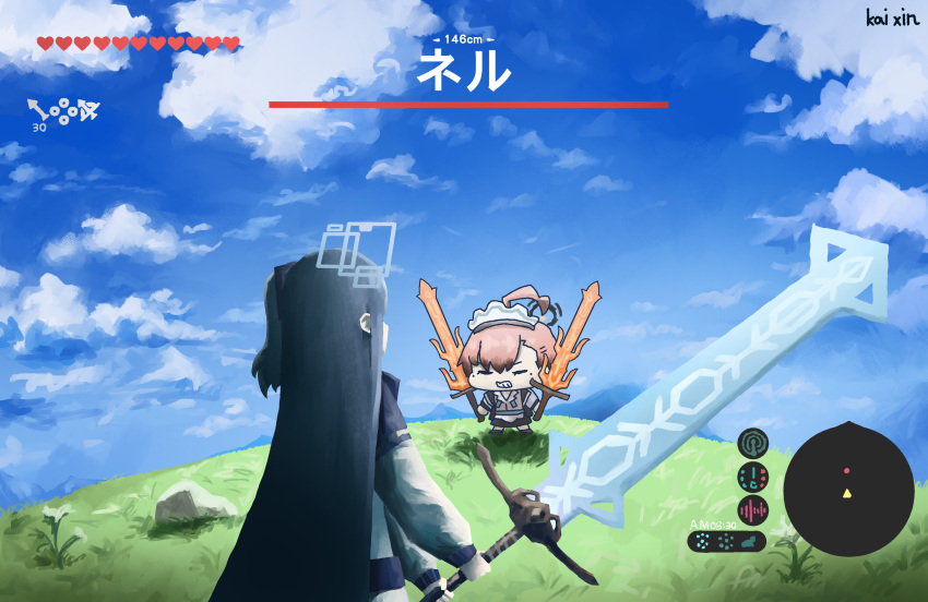 2girls, absurdres, ahoge, aris_(blue_archive), black_hair, blue_archive, blue_sky, braid