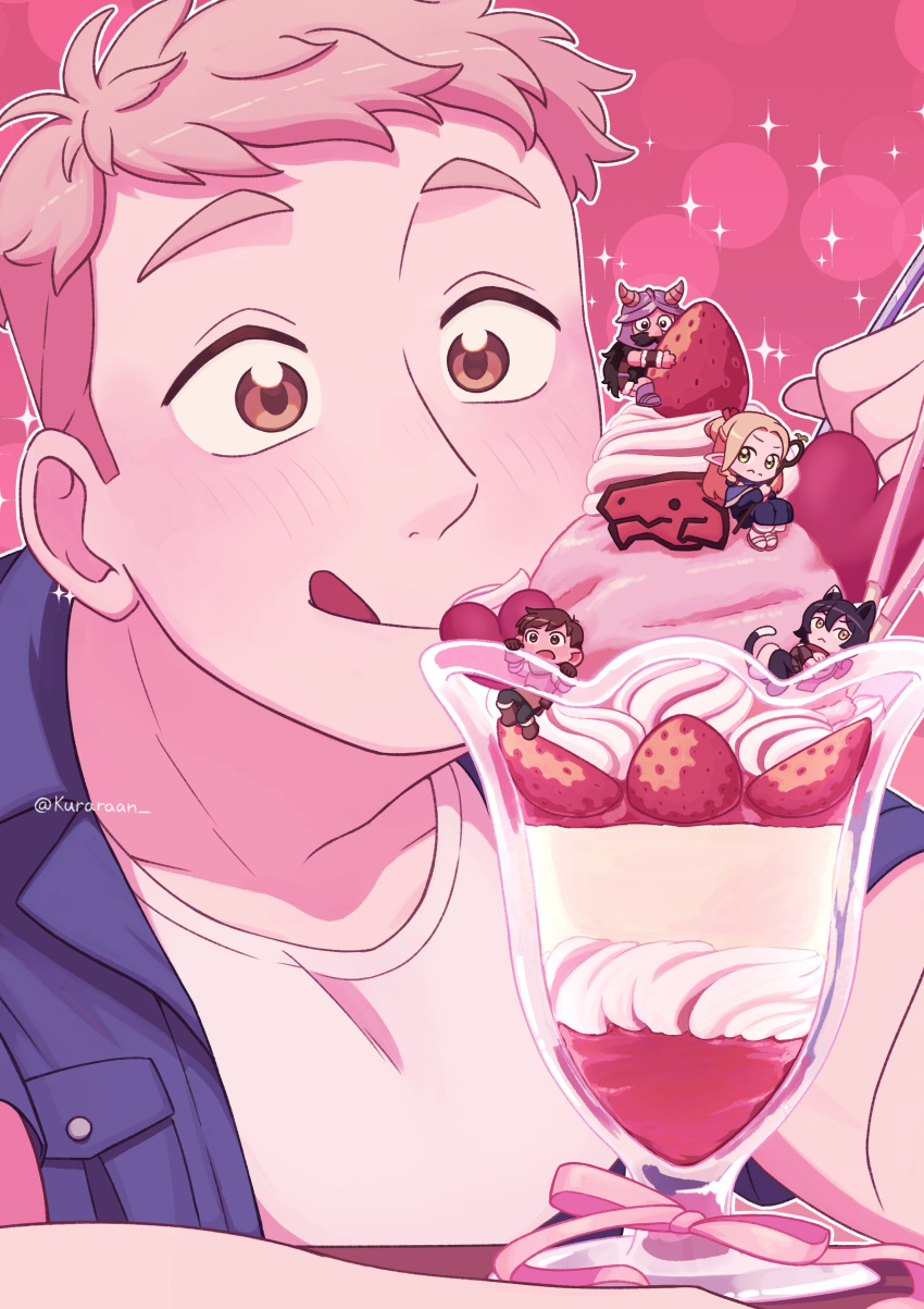 absurdres, blonde_hair, blue_shirt, blush, brown_eyes, casual, chibi, chilchuck_tims