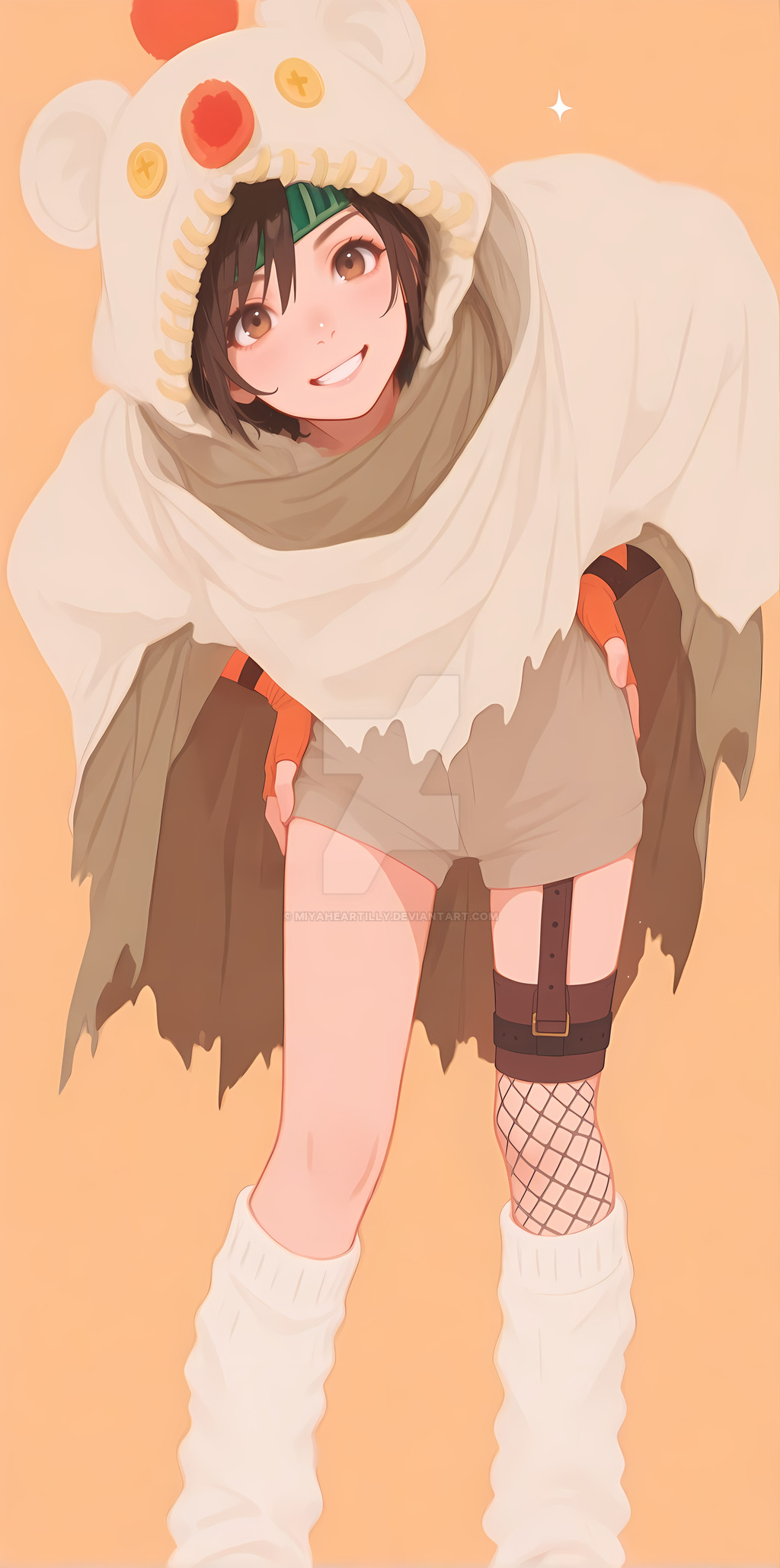 1girl, brown_eyes, brown_hair, brown_shorts, cloak, commentary, cosplay, english_commentary