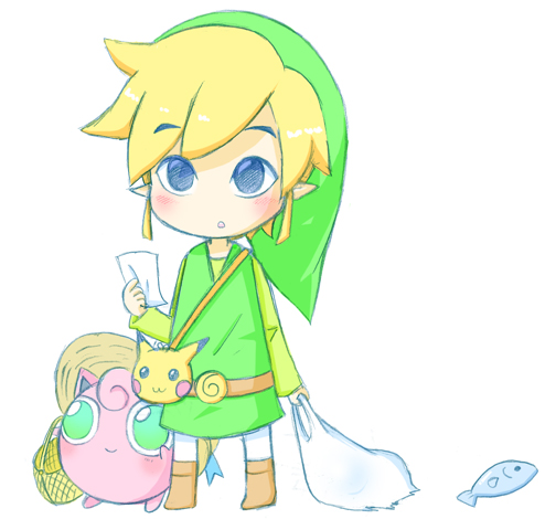 bag, black_eyes, blonde_hair, fish, hat, jigglypuff, link, lip_(coco), lowres, nintendo, pointy_ears, pokemon, super_smash_bros., the_legend_of_zelda, toon_link, wind_waker