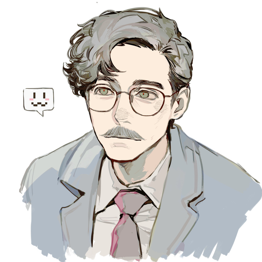 1boy, :3, absurdres, brown_hair, closed_mouth, collared_shirt, facial_hair, flat_color