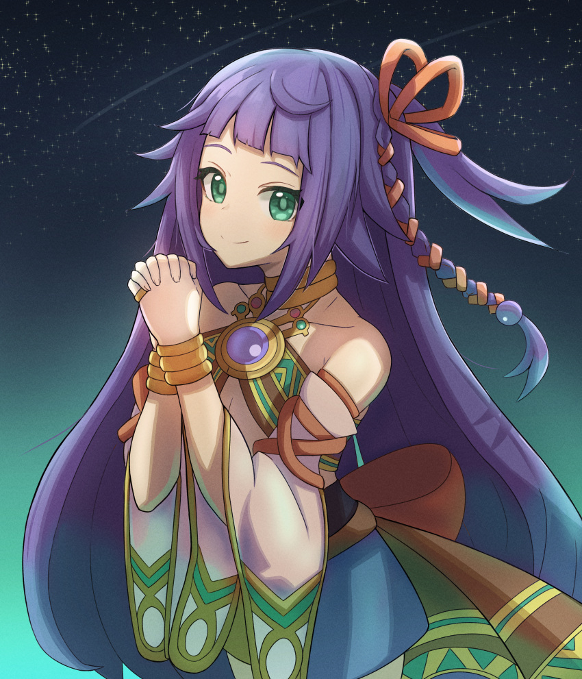 1girl, absurdres, comet, cowboy_shot, crowned_by_the_world_chalice, detached_sleeves, duel_monster, green_eyes, highres, ib_(yu-gi-oh!), interlocked_fingers, jay_b_098, long_hair, night, orange_ribbon, purple_hair, ribbon, smile, solo, star_(sky), very_long_hair, yu-gi-oh!