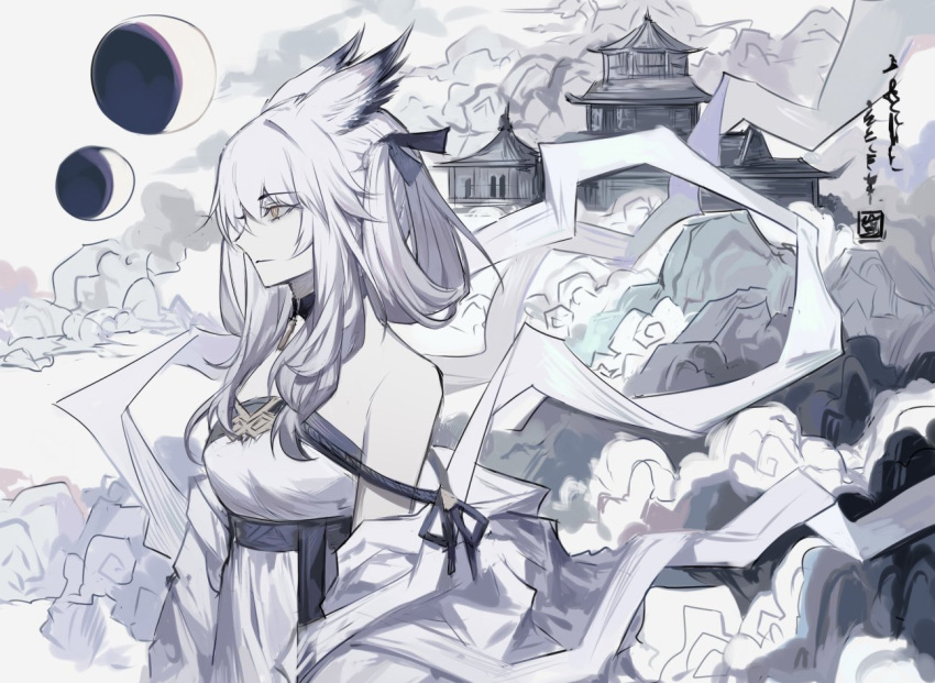 animal_ears, architecture, arknights, bare_shoulders, black_choker, breasts, choker, dress