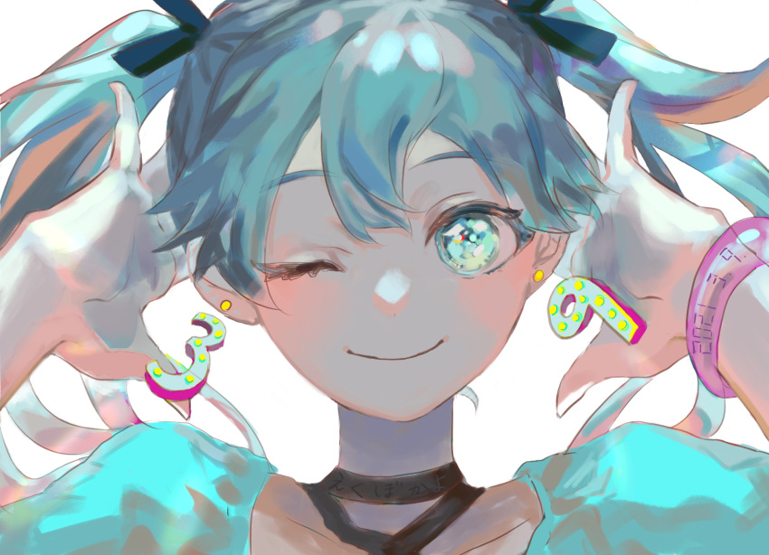 1girl, 39, ;), absurdres, aqua_eyes, aqua_hair, aqua_shirt, bracelet, closed_mouth, commentary, dated, ekubokayo, hair_ribbon, hatsune_miku, highres, jewelry, miku_day, number_earrings, one_eye_closed, ribbon, shirt, smile, solo, twintails, vocaloid, white_background
