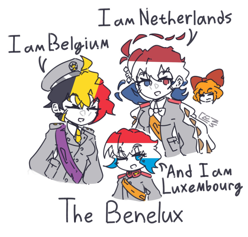 4girls, belgian_flag, black_hair, blonde_hair, blue_hair, closed_eyes, commentary, dutch_flag