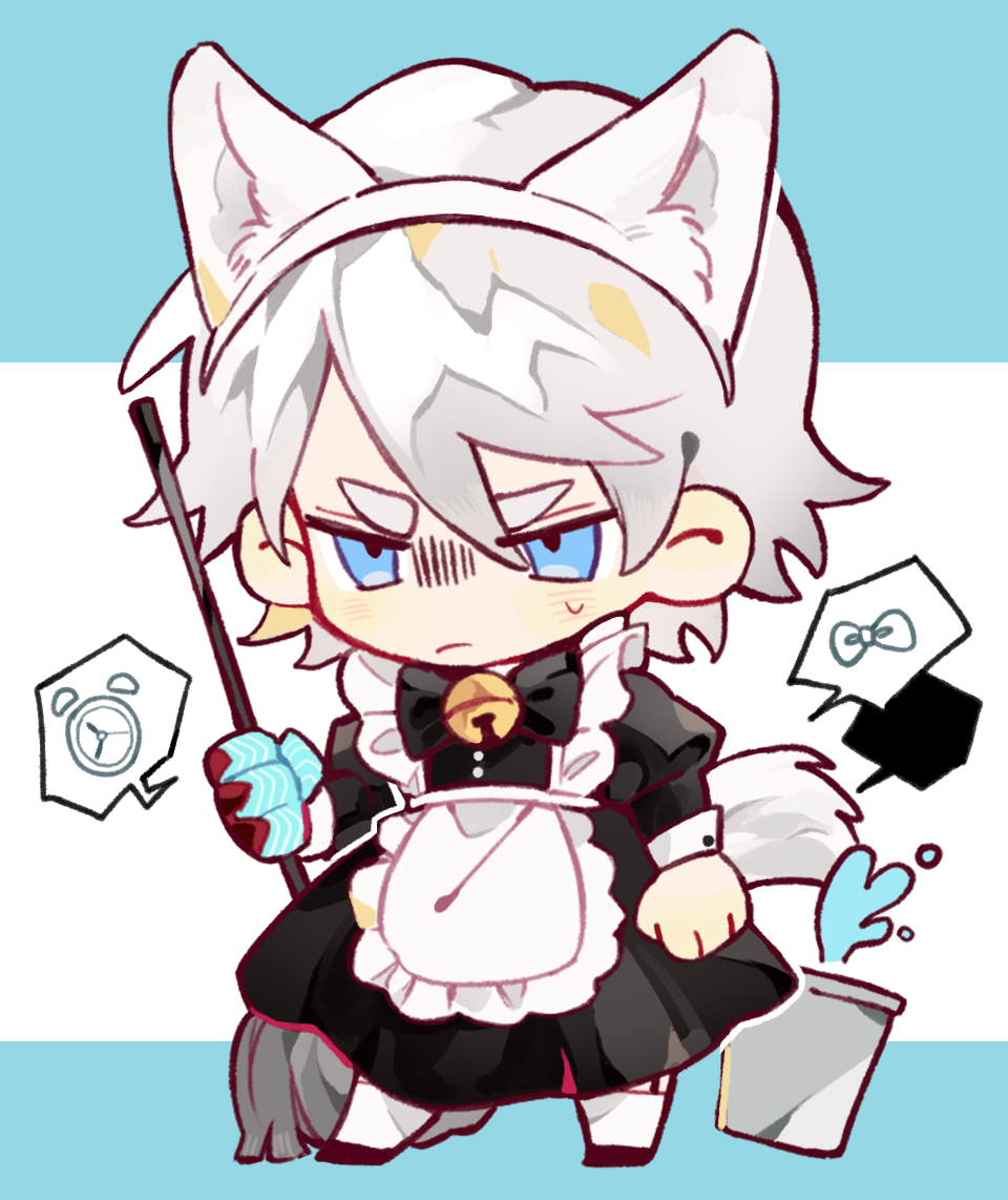 1boy, animal_ear_fluff, animal_ear_headband, animal_ears, annoyed, apron, bell, black_dress