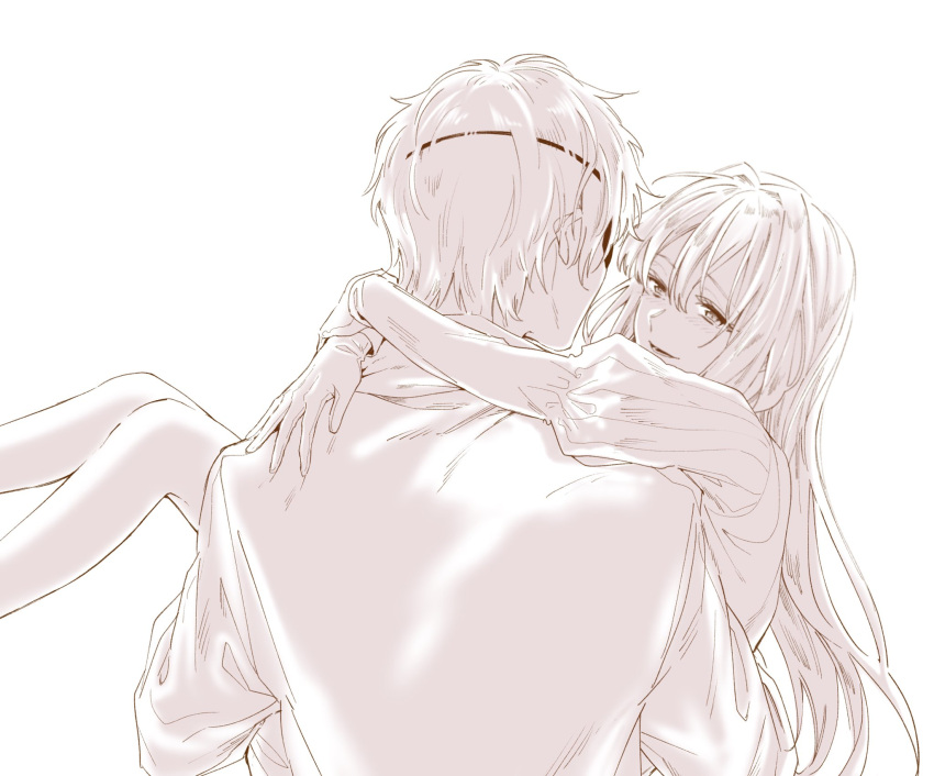 1boy, 1girl, arms_around_neck, bad_id, bad_pixiv_id, carrying, carrying_person, couple