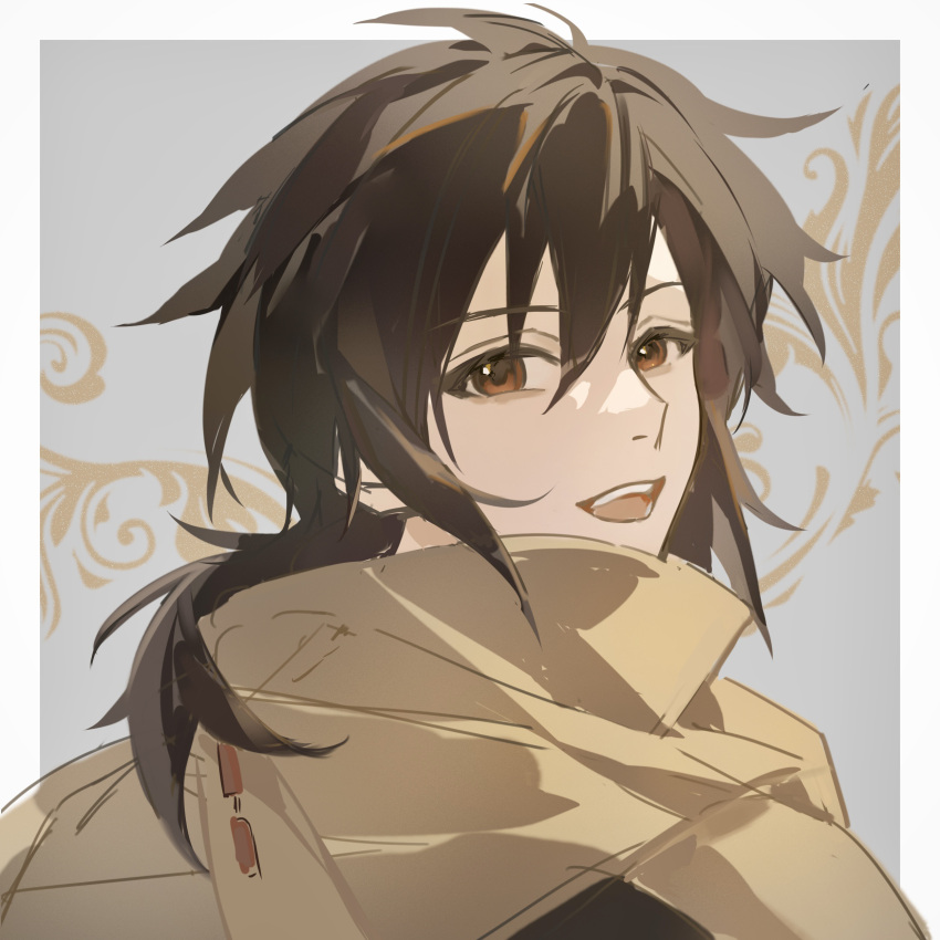 1boy, absurdres, border, brown_cloak, brown_eyes, brown_hair, chains39550, chinese_commentary