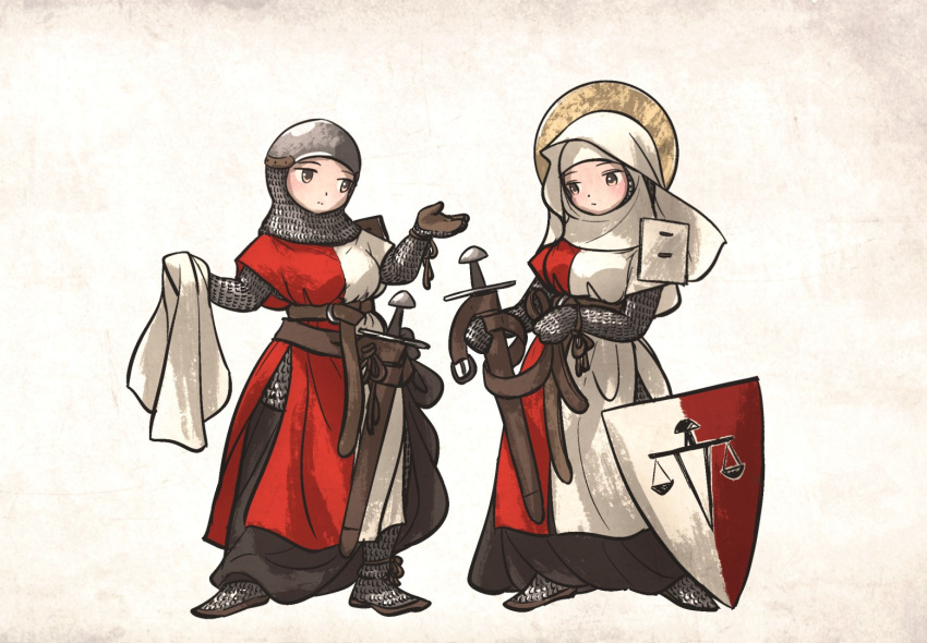 2girls, armor, armored_boots, armored_gloves, balance_scale_print, belt, black_dress, boots