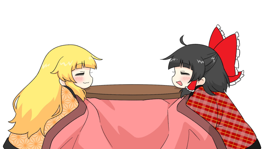2girls, alternate_costume, black_hair, blonde_hair, blush, bow, closed_eyes, closed_mouth, commentary, dotera_(clothes), frilled_bow, frilled_hair_tubes, frills, hair_bow, hair_tubes, hakurei_reimu, highres, kirisame_marisa, kotatsu, kumanou22, long_hair, multiple_girls, no_headwear, open_mouth, red_bow, simple_background, smile, table, touhou, under_kotatsu, under_table, very_long_hair, white_background