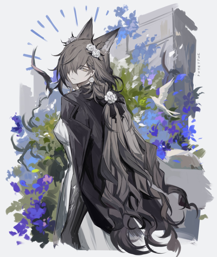 1girl, animal_ears, arknights, artist_name, black_jacket, dress, earrings, flower