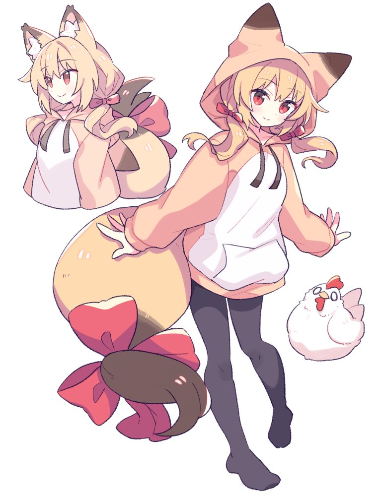 1girl, animal_ear_fluff, animal_ear_hood, animal_ears, bird, black_pantyhose, blonde_hair, bow, chicken, fox_ears, fox_girl, fox_tail, full_body, hair_bow, hood, hoodie, long_hair, looking_at_viewer, low_twintails, multiple_views, orange_hoodie, original, pantyhose, red_bow, red_eyes, simple_background, solo, standing, standing_on_one_leg, suzuno_(suzuno3110), tail, tail_bow, tail_ornament, twintails, upper_body, white_background