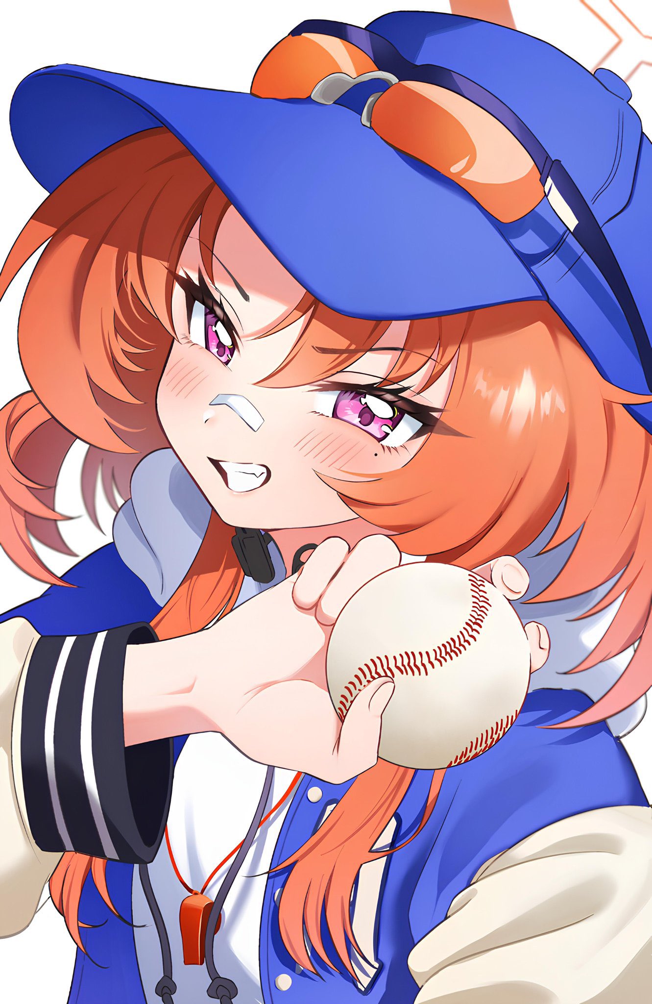 1girl, ball, bandaid, bandaid_on_face, bandaid_on_nose, baseball_(object), baseball_cap, blue_archive