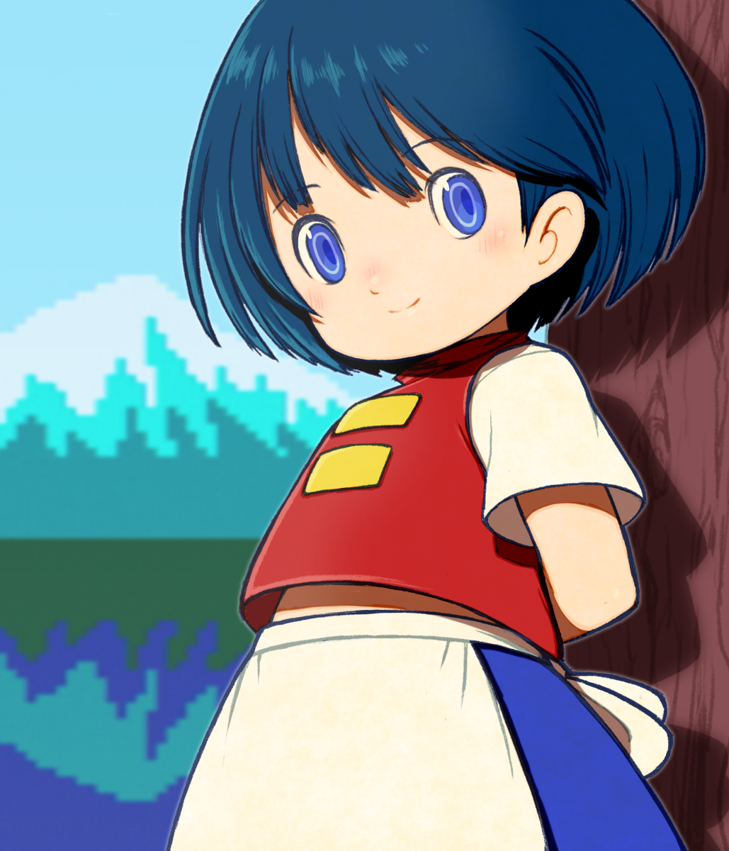 1girl, against_tree, apron, arms_behind_back, beeru_(veil8801), blue_eyes, blue_hair, blue_skirt