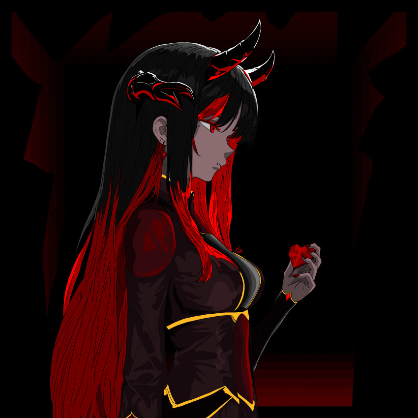 1girl, absurdres, black_hair, breasts, demon_girl, demon_horns, earrings, gem