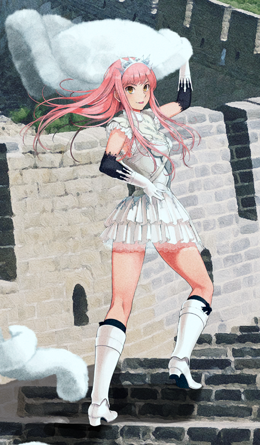 1girl, arm_above_head, black_sleeves, black_socks, boots, breasts, capelet, commentary