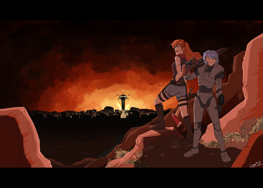 2girls, absurdres, armor, axe, ayanami_rei, bandages, blue_eyes, blue_hair