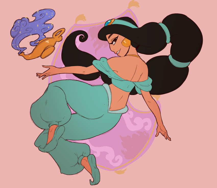 1girl, aladdin_(disney), black_hair, brown_eyes, commentary, earrings, english_commentary, full_body