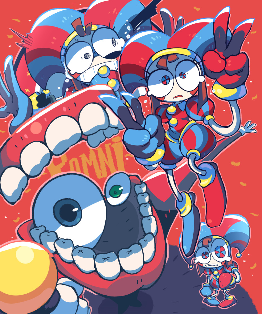 1boy, 1girl, absurdres, asymmetrical_footwear, asymmetrical_gloves, blue_eyes, blue_gloves, blue_shoes, brown_hair, caine_(the_amazing_digital_circus), double_v, ellisbros, gloves, hat, highres, jester, jester_cap, looking_at_viewer, multicolored_eyes, pomni_(the_amazing_digital_circus), puffy_short_sleeves, puffy_sleeves, red_background, red_eyes, red_gloves, red_shoes, shoes, short_sleeves, striped_clothes, striped_headwear, the_amazing_digital_circus, two-tone_eyes, v, vertical-striped_clothes, vertical-striped_headwear